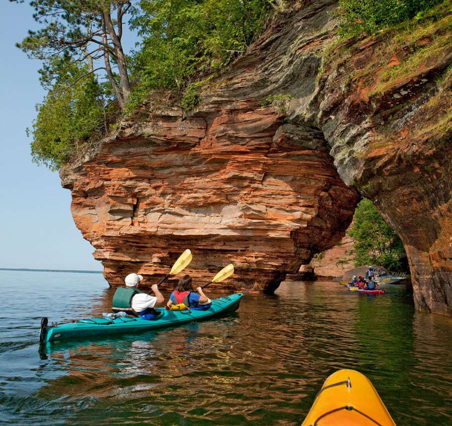 Exploring sea caves around the Apostle Islands Bayfield Wisconsin