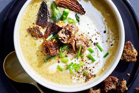 Asparagus, Morel and Walleye Soup with Rye Croutons