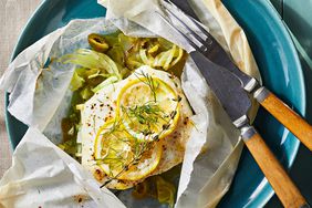 halibut en papillote with fennel olives and leeks