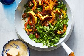 pan of Winter Squash, Mushrooms and Arugula with Parmesan on table