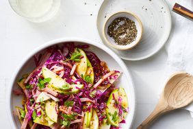 bowl of Shaved Cabbage Salad with Apples, Ham and Mustard