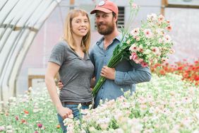 Gretel and Steve Adams in lisianthus house at Sunny Meadows Flower Farm.